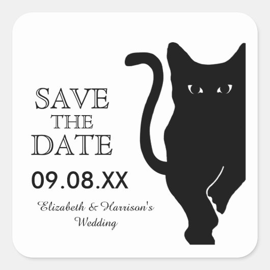 Black Cat Bruiloft Save The Date Vierkante Sticker (Voorkant)