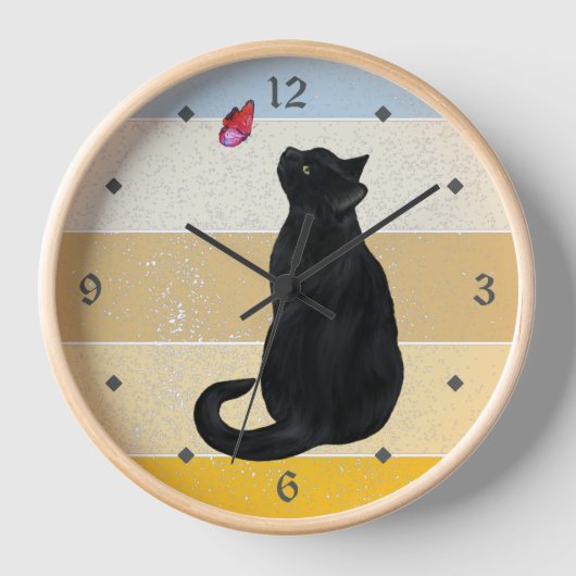 Black Cat Butterfly Retro Sunset Clock (Voorkant)