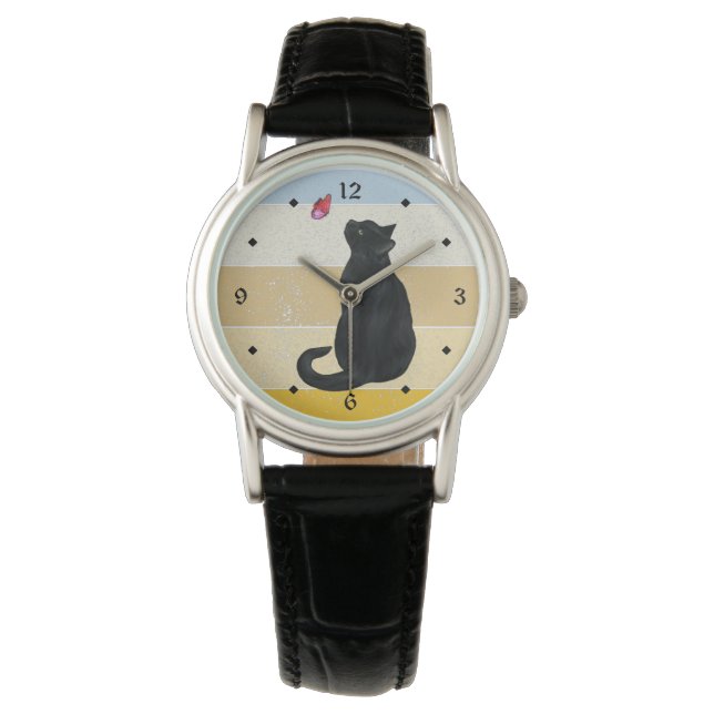 Black Cat Butterfly Retro Sunset Horloge (Voorkant)