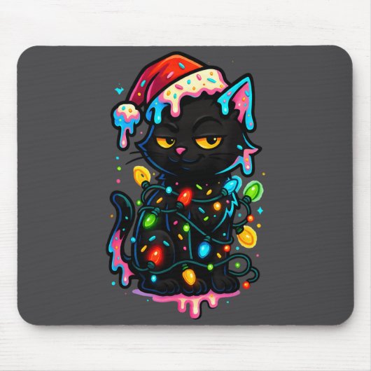 Black Cat Christmas Ice Cream Drip Santa Hat Cute  Muismat (Voorkant)