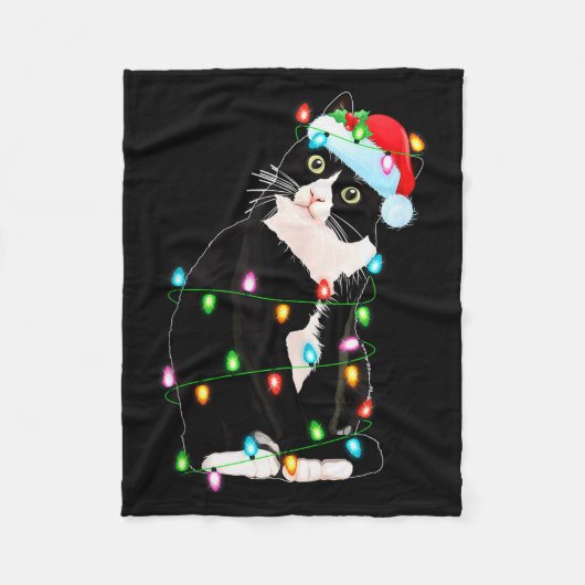 Black Cat Christmas Lights Funny Santa Hat Black C Fleece Deken (Voorkant)