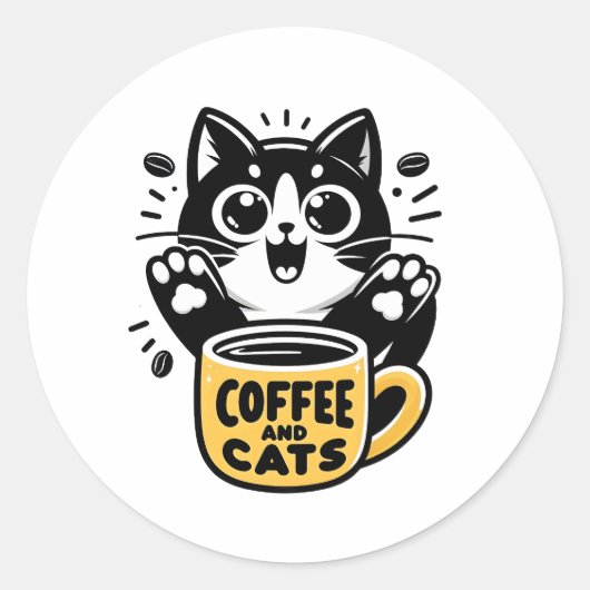 Black Cat Coffee Illustration Ronde Sticker (Voorkant)