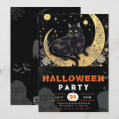 Black Cat Crescent Moon Floral Black Halloween Kaart (Voorkant / Achterkant)
