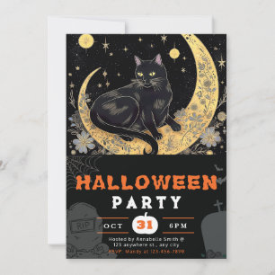 Black Cat Crescent Moon Floral Black Halloween Kaart
