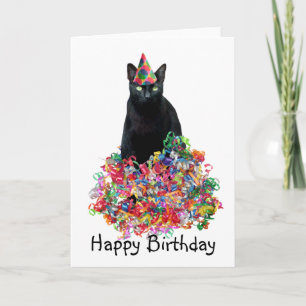 Black Cat Curly Ribbons Verjaardag Kaart