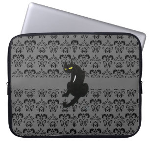 BLACK CAT DAMASK zwart grijs Laptop Sleeve