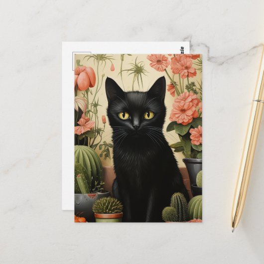 Black Cat en Cactus Planten Briefkaart (Voorkant / Achterkant in situ)