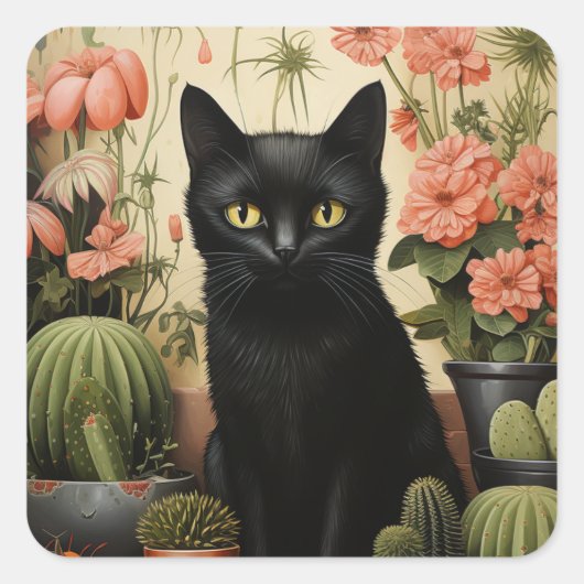 Black Cat en Cactus Planten Vierkante Sticker (Voorkant)