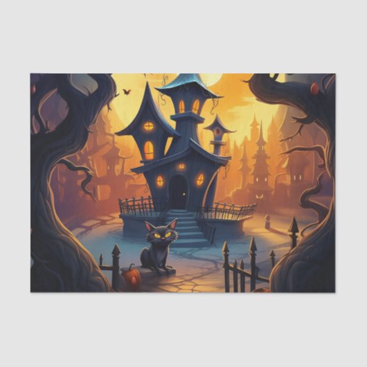 Black Cat en Crooked House Halloween Decoupage Tissuepapier (Voorkant)