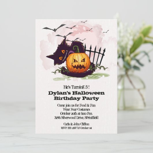 Black Cat en Jack o' Lantern Halloween Invitation (Staand voorkant)