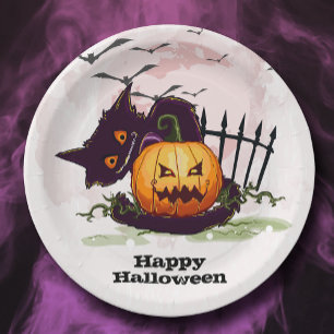 Black Cat en Jack o' Lantern Halloween Papieren Bordje