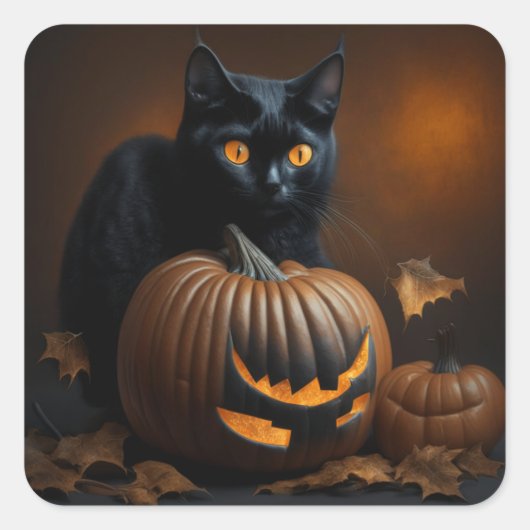 Black Cat en Jack-O-Lantern Vierkante Sticker (Voorkant)