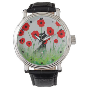 Black Cat en Poppies horloge