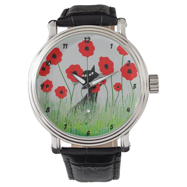 Black Cat en Poppies horloge (Voorkant)