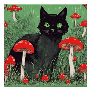 Black Cat en Wild Red Mushrooms Natuur Perfect Poster
