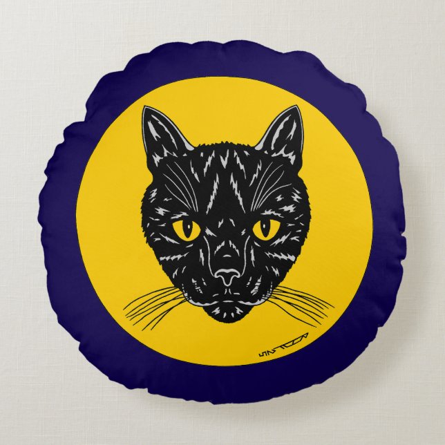 Black Cat Face Rond Kussen (Voorkant)