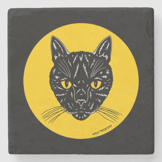 Black Cat Face Stenen Onderzetter (Voorkant)