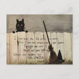 Black Cat Fence Witch's Broom Pet Briefkaart