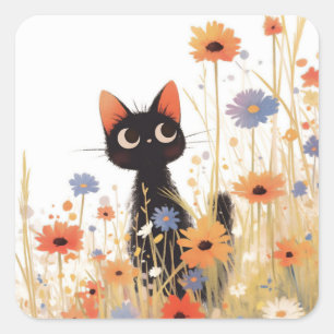 Black Cat Flower Retreat Vierkante Sticker