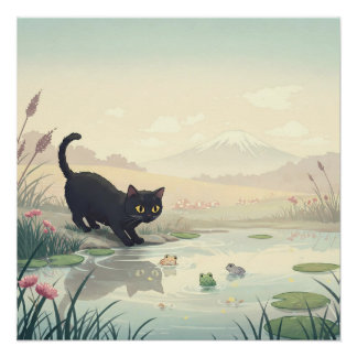  Black Cat & Frogs Perfect Poster
