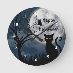 Black Cat Full Moon Owl Halloween Ronde Klok