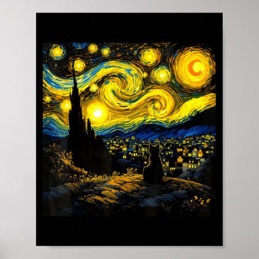 Black Cat Funny Cat Lover Mom Daddy Starry Night V Poster (Voorkant)
