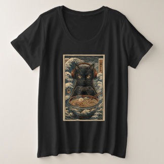 Black Cat Gamer with Ramen & Headphones Japanese A Grote Maat T-shirt