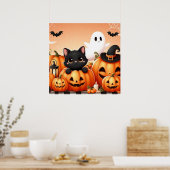 Black Cat, Ghost en Jack-O-Lanterns Poster (Keuken)