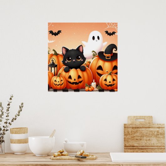 Black Cat, Ghost en Jack-O-Lanterns Poster (Keuken)