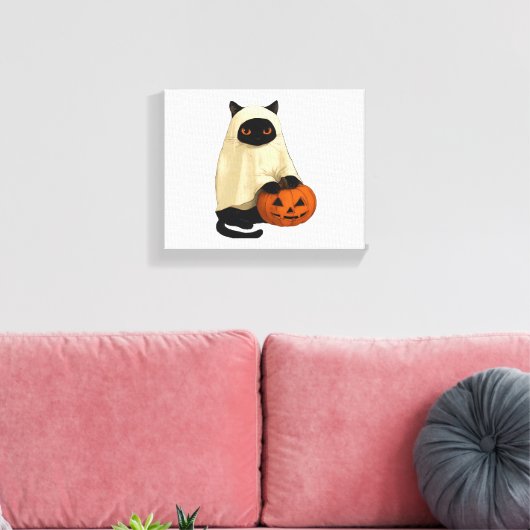Black Cat Ghost met Pumpkin Essential T-Shirt Canvas Afdruk (Insitu (Woonkamer))