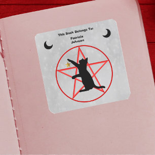 Black Cat Gold Star Black Crescent Moons Pentagram Vierkante Sticker