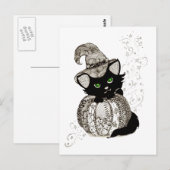 Black Cat Green Eyes Pumpkin Briefkaart (Voorkant / Achterkant)