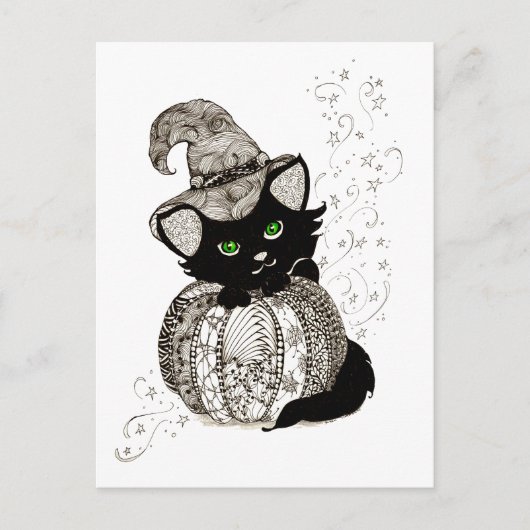 Black Cat Green Eyes Pumpkin Briefkaart (Voorkant)