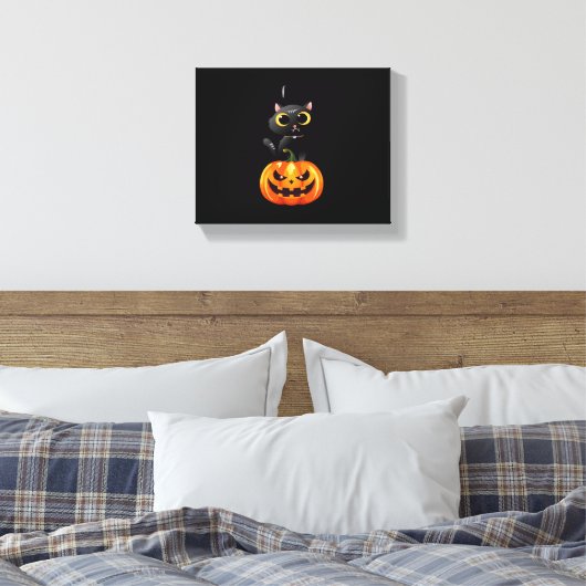 Black Cat Halloween Design – Spooky Pumpkin Art vo Canvas Afdruk (Insitu (Slaapkamer))