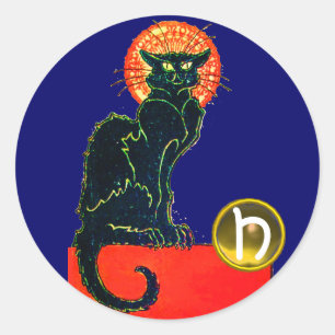 BLACK CAT HALLOWEEN PARTIJMONOGRAM RONDE STICKER