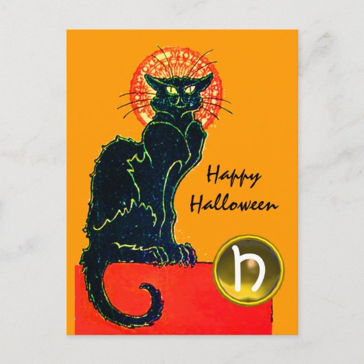 BLACK CAT HALLOWEEN PARTIJMONOGRAM UITNODIGING BRIEFKAART (Voorkant)