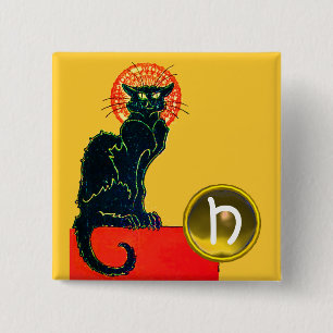 BLACK CAT HALLOWEEN PARTIJMONOGRAM VIERKANTE BUTTON 5,1 CM