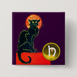BLACK CAT HALLOWEEN PARTIJMONOGRAM VIERKANTE BUTTON 5,1 CM