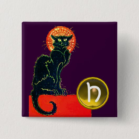 BLACK CAT HALLOWEEN PARTIJMONOGRAM VIERKANTE BUTTON 5,1 CM (Voorkant)