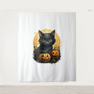Black Cat Halloween Pompoen - Kat Wandkleed