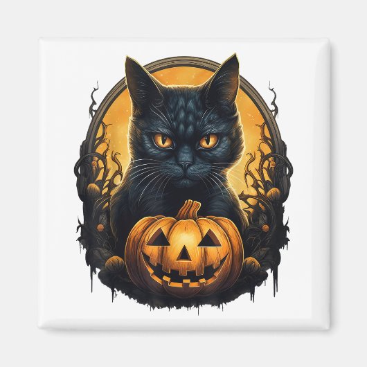 Black Cat Halloween Scary Pumpkins Moon Black Cat Magneet (Voorkant)