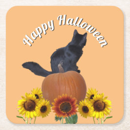  Black Cat Halloween Sunflowers Pumpkins Orange  Vierkante Kartonnen Onderzetter