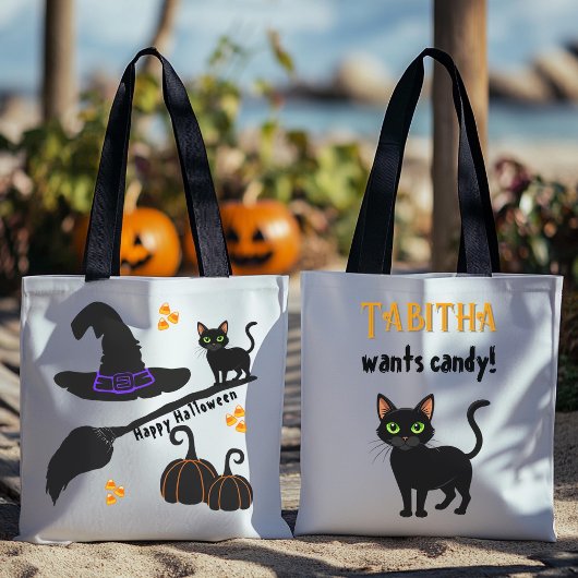 Black Cat Happy Halloween Gepersonaliseerde Canvas Draagtas