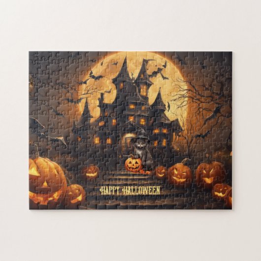 Black Cat Happy Halloween spookhuis puzzel Legpuzzel (Horizontaal)
