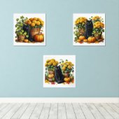 Black Cat Herfst Seizoen Bloemen Pompoenen Muurkunst Sets (Houten vloer)