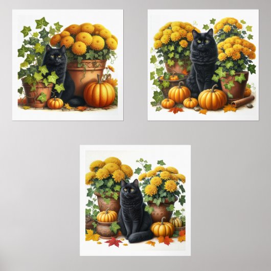Black Cat Herfst Seizoen Bloemen Pompoenen Muurkunst Sets (Voorkant)