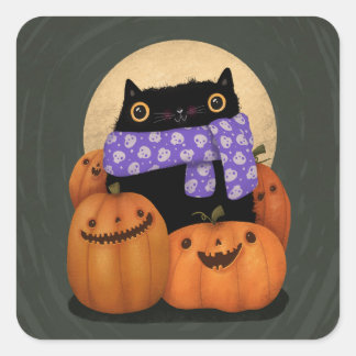 Black Cat Herfst Seizoen Gelukkig Halloween Vierkante Sticker