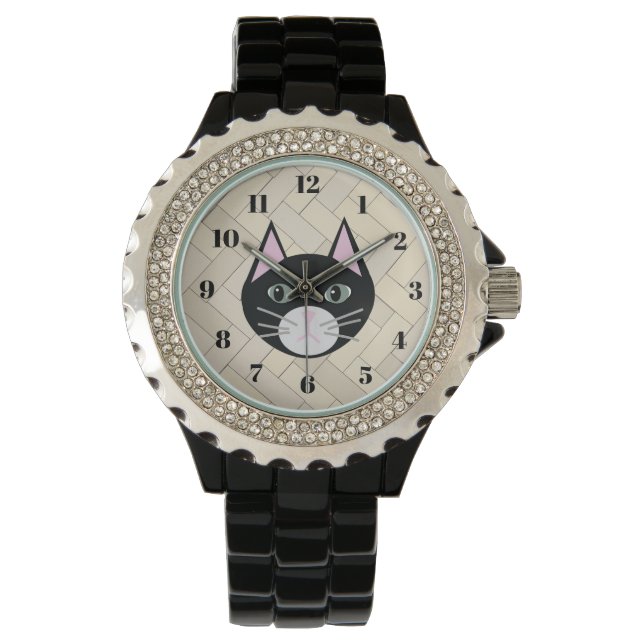Black Cat Herringbone Beige Horloge (Voorkant)