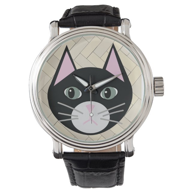Black Cat Herringbone Beige Horloge (Voorkant)
