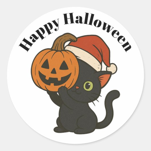 Black Cat Holding Pumpkin Halloween Ronde Sticker (Voorkant)